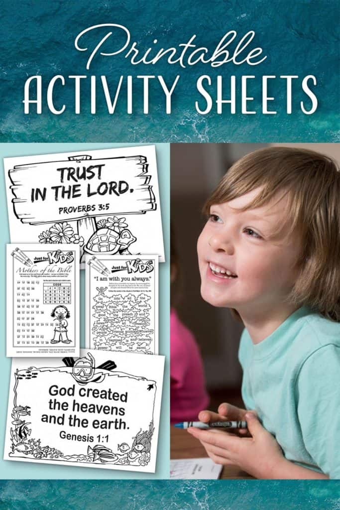 Photo of a boy in blue shirt coloring a bible activity sheet with a crayon
