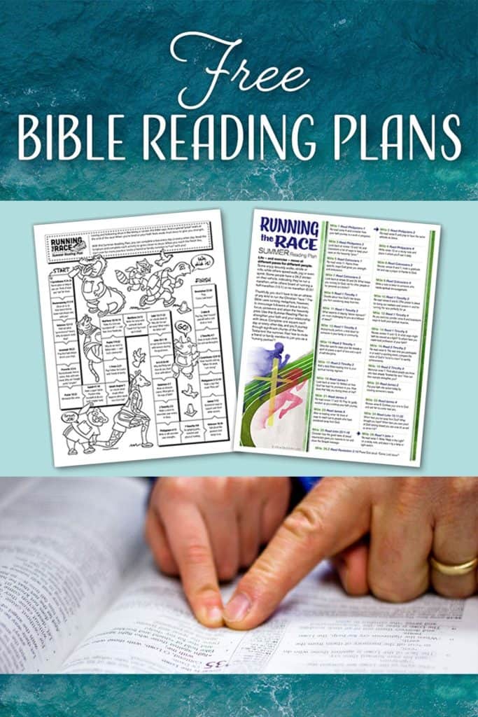 Photos of two bible reading plans and a child and adult looking at a bible.