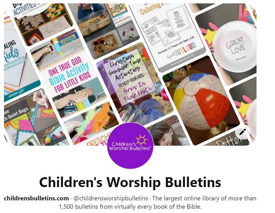 Screenshot of Children's Worship Bulletins Pinterest Page