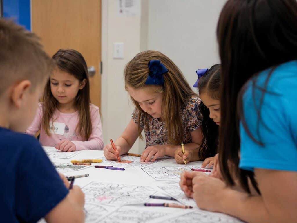 Children using printable Bible coloring pages during Sunday school and church activities.