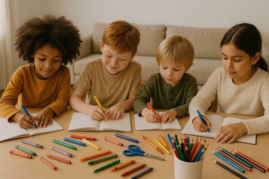  Four children smiling and coloring together at a table with crayons and paper—illustrating hands-on crafts that help kids learn about thankfulness and giving thanks to God.