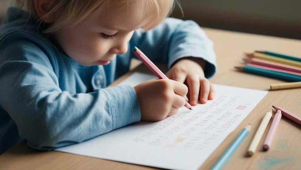 Young child coloring a Christian activity worksheet at a table with colored pencils.