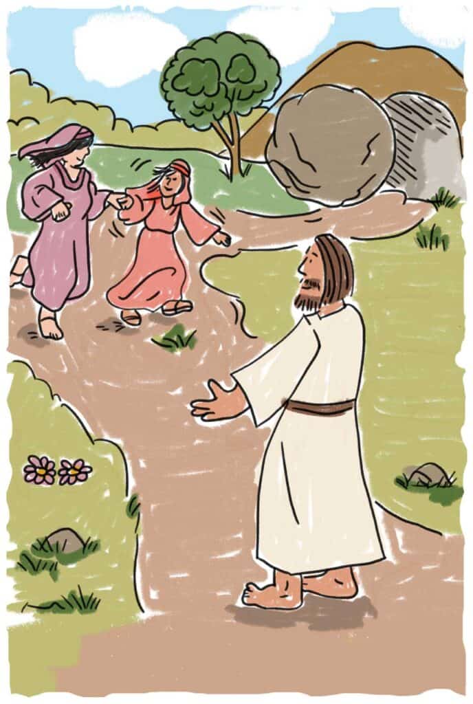 Illustration of the risen Jesus meeting women on the path near the empty tomb.