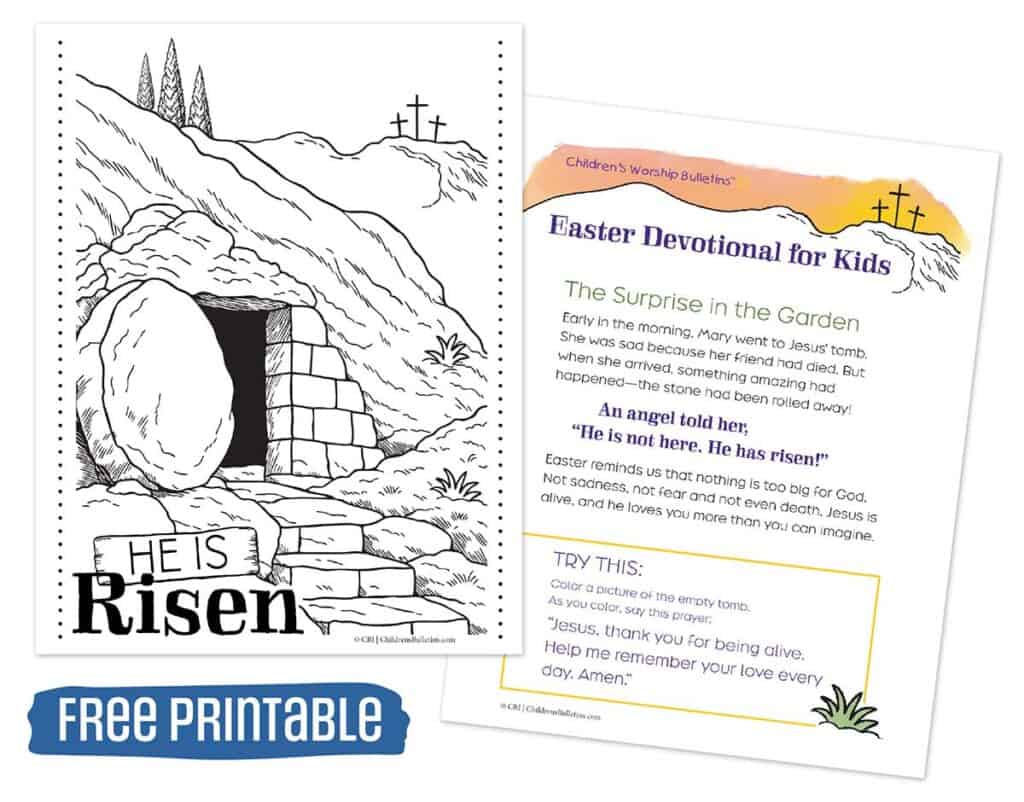 Free Easter devotional for kids with empty tomb coloring page printable.