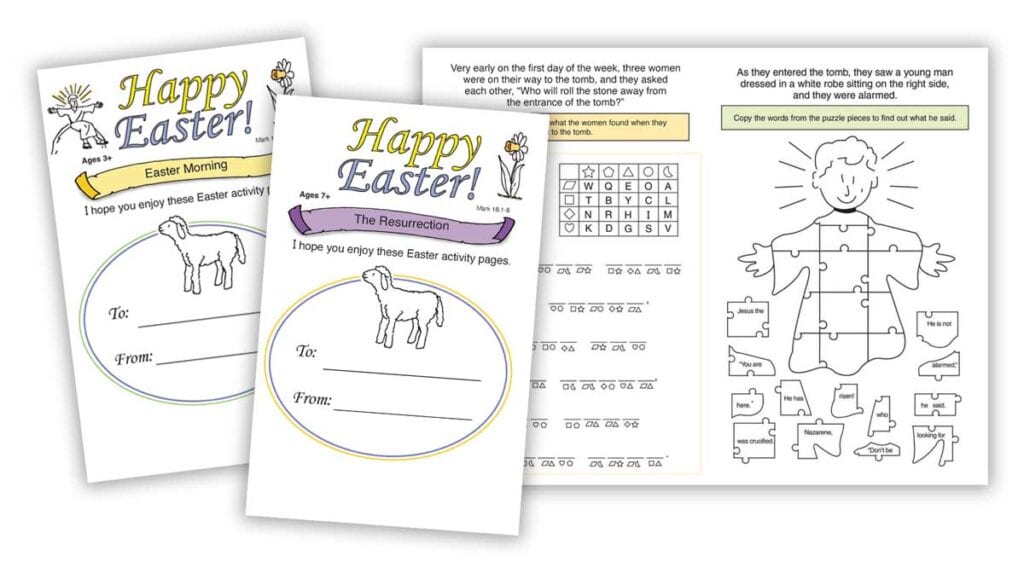 Easter children’s worship bulletin printable with coloring pages and Bible-based activities