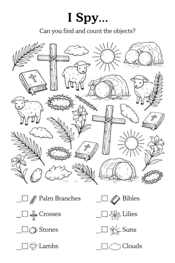 Easter I Spy printable card with cross, tomb and palm branch for kids in church 