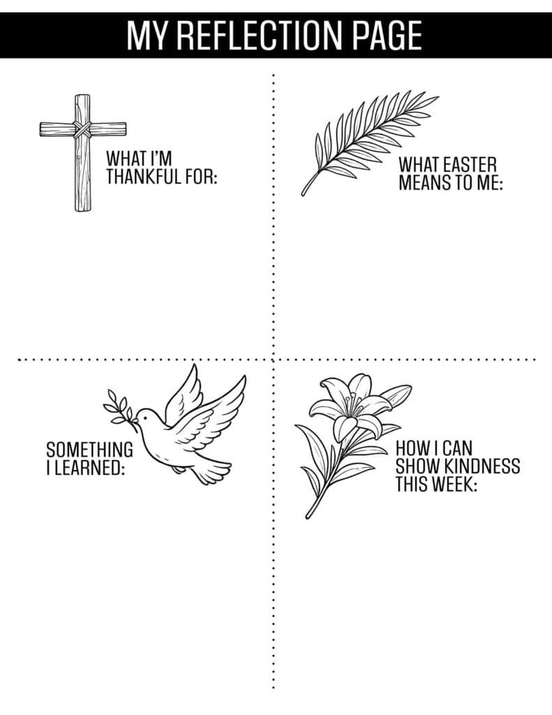 Printable Easter reflection worksheet for kids with four story response sections 
