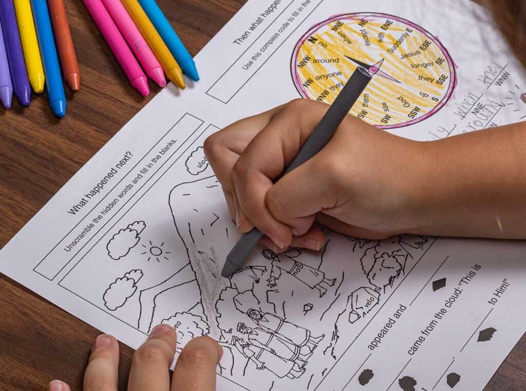 Children’s worship bulletin with Bible-based puzzles helping kids follow along during church 