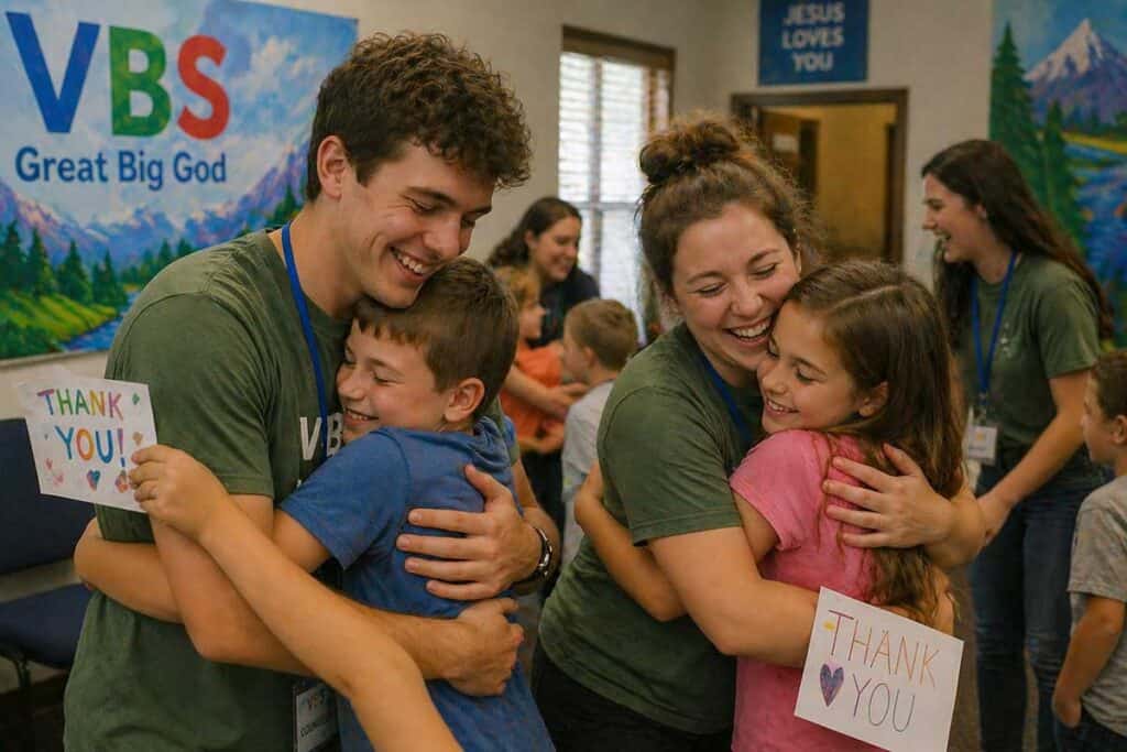 Children hugging VBS volunteers and giving thank you cards during Vacation Bible School image