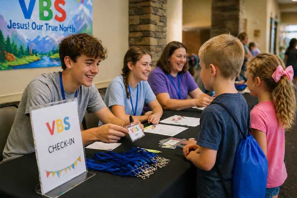 Church volunteers checking in children at a Vacation Bible School registration table image