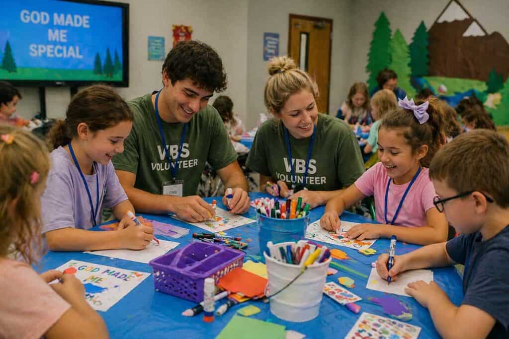 Church volunteers helping children with crafts and activities during Vacation Bible School image