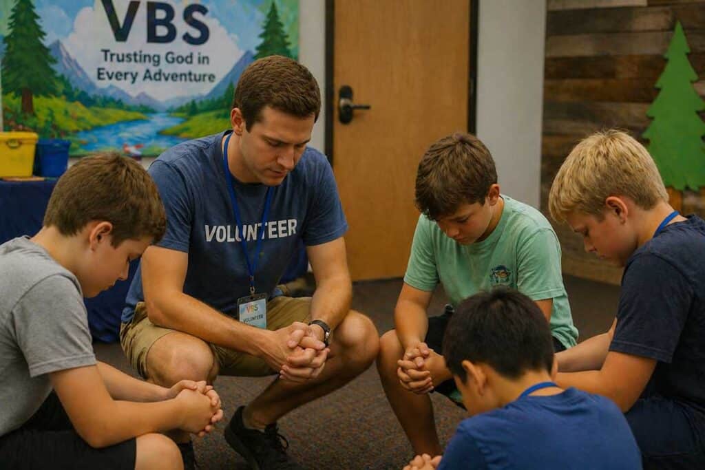 VBS volunteers praying with children during Vacation Bible School image