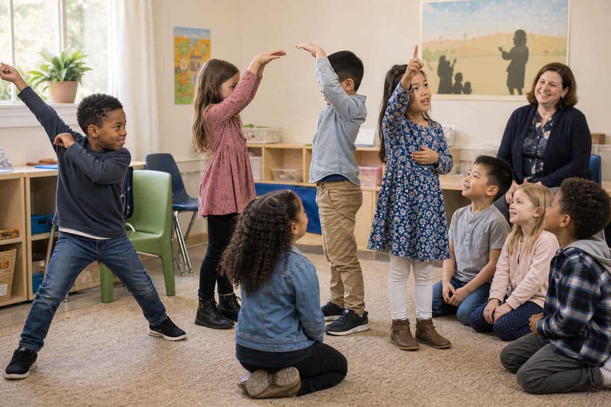 Children pointing to passages in open Bibles during a group lesson.