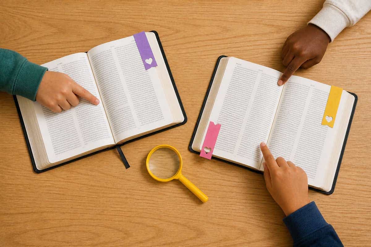 Children pointing to passages in open Bibles during a group lesson.