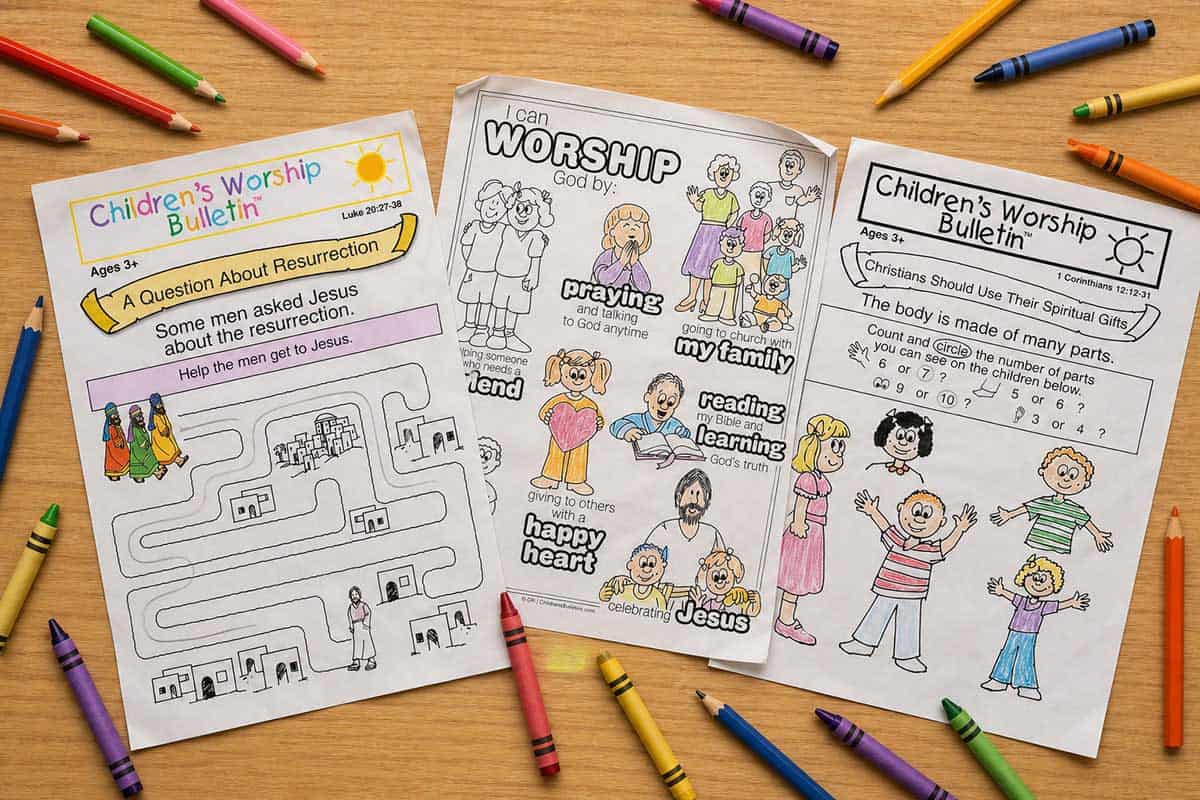 Children’s worship bulletins and coloring activities surrounded by crayons and colored pencils.
