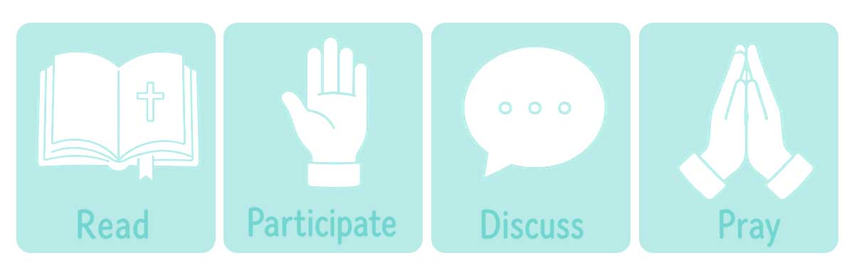 Illustrated Bible lesson steps: read, participate, discuss, and pray.