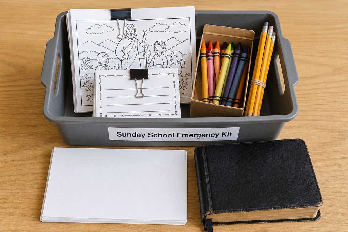 Sunday school emergency kit containing Bible activities, crayons, pencils, paper, and a Bible.