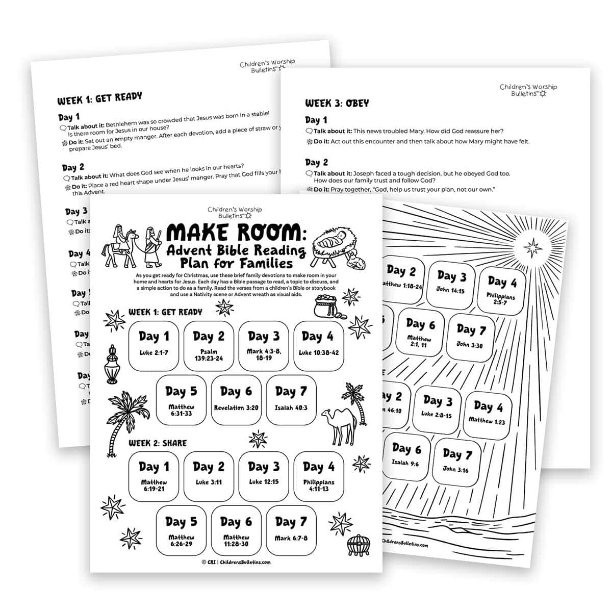 Printable Make Room Advent Bible reading plan for families with daily Scripture, discussion prompts and activities.