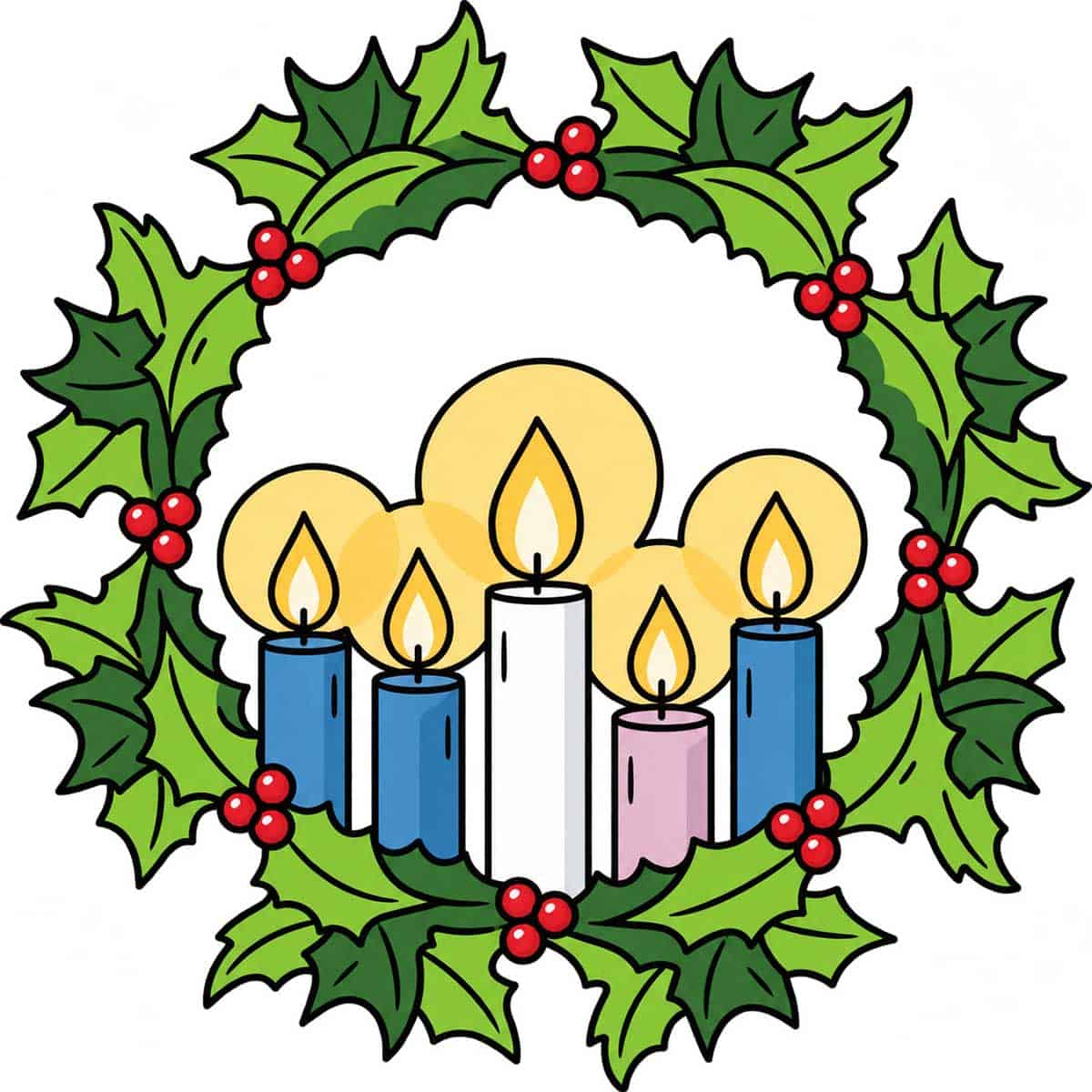 Illustrated Advent wreath with five lit candles, green holly leaves and red berries.